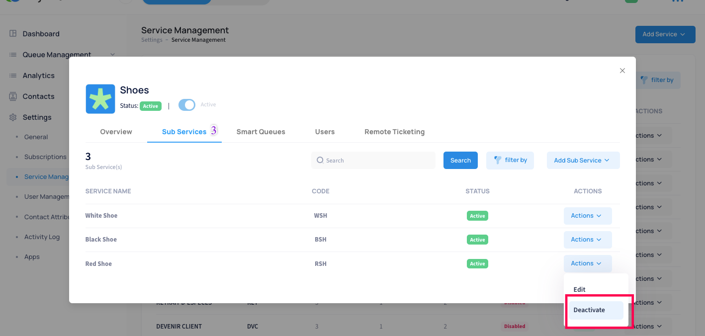 How to deactivate a Sub-Service on RightQ